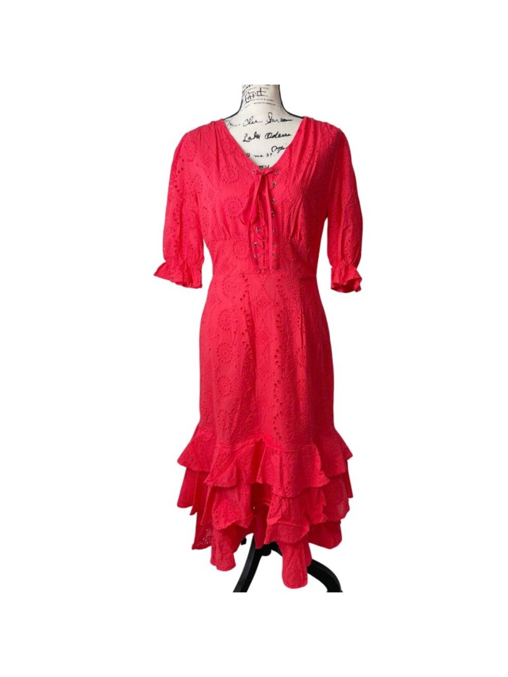 Ivy City Co. Women Size 10 Dress Eyelet Lace-Up Midi With Ruffle Cotton Red Cora